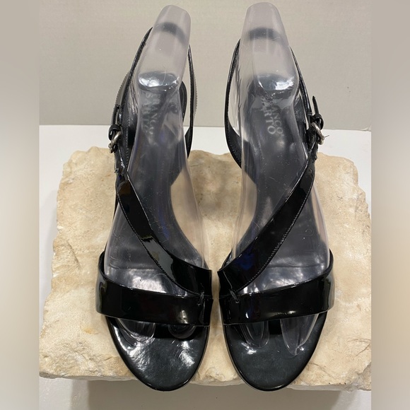 Sz 10 Franco Sarto Black Patent Leather Strappy Heeled Sandals - Picture 3 of 13